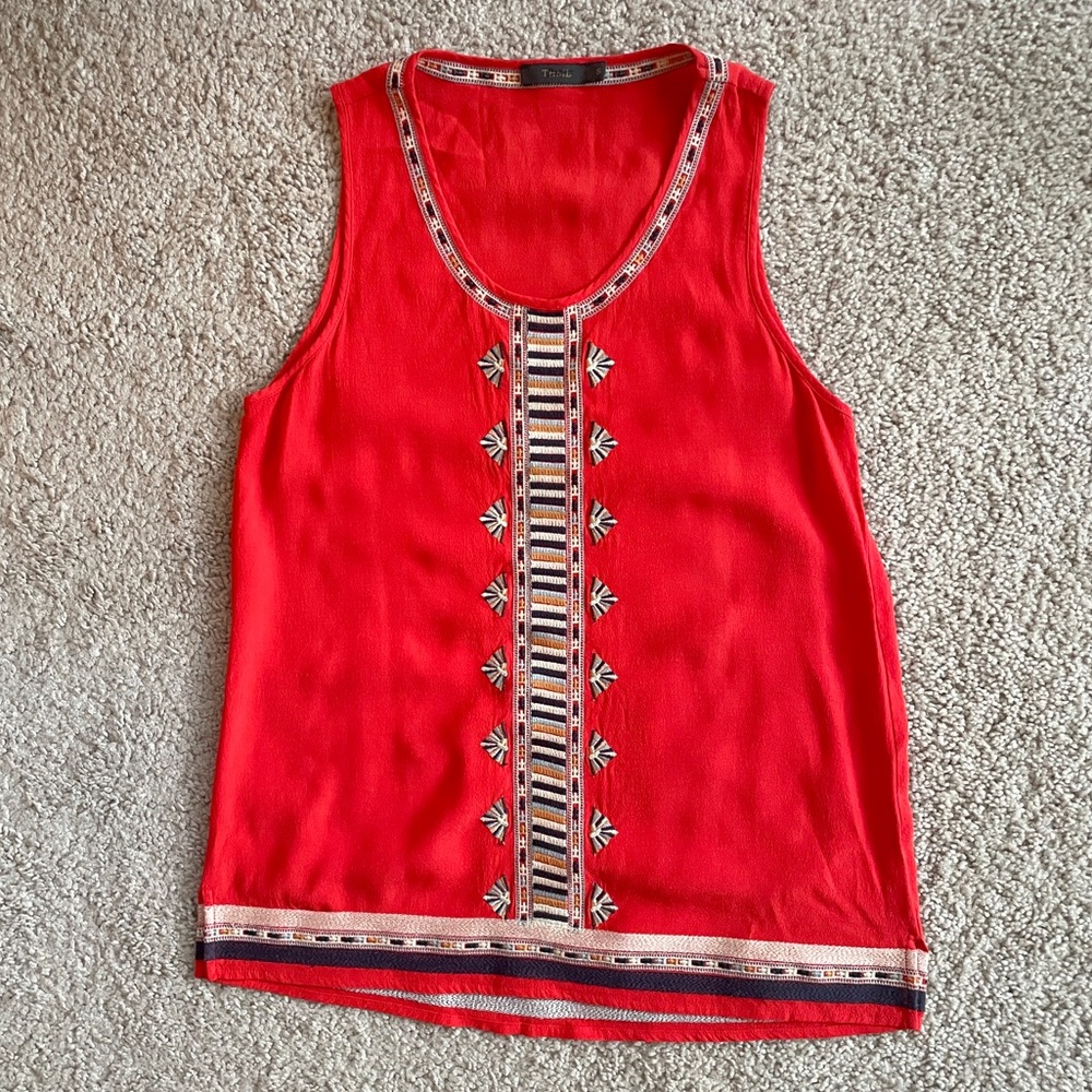 THML Red Aztec Tribal High-Low Western Embroidered Sleeveless Top Size Small